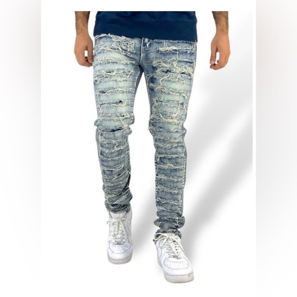 WAIMEA Skinny Fit Ripped Distressed Light Wash Streetwear Jeans 36X32